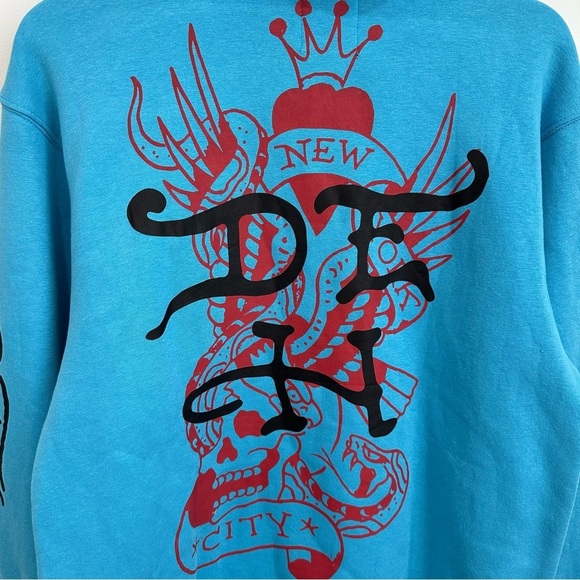 Ed Hardy Flames Skull Tattoo Pullover Sweatshirt Hoodie Turquoise Blue Large NWT - Picture 8 of 9